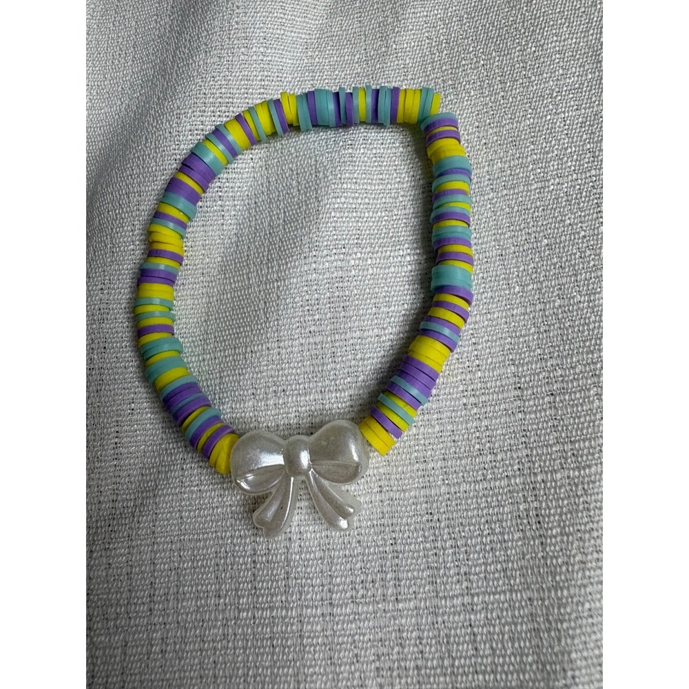 Handmade Heishi Clay Bead Stretch Bracelet Multicolor Purple Yellow Teal Bow